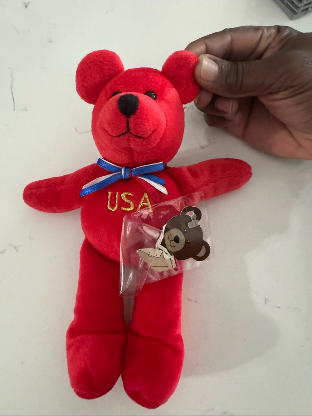 Red USA Plush Teddy Bear with Blue Ribbon - Kids Stuffed Animal